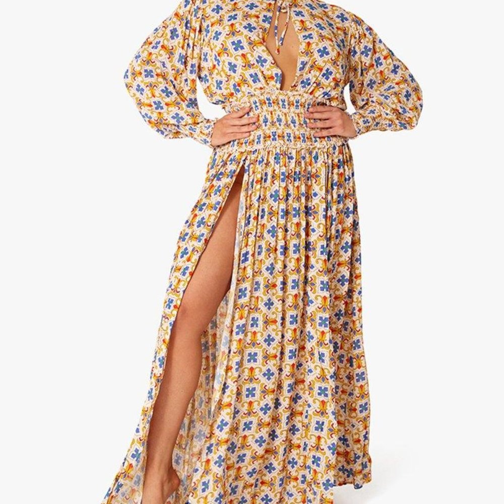 WE WORE WHAT M Addison Maxi Slit Cover Up Beach Dress Long Sleeves in Tile $195